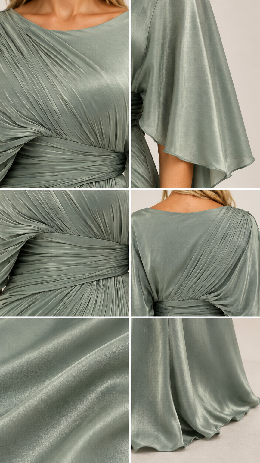Close-up details of pleated bodice and cape sleeve texture