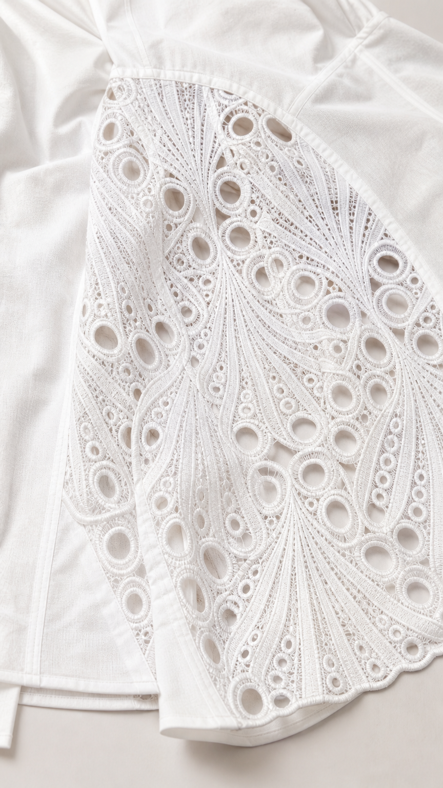 Close up texture shot of the white geometric lace panel