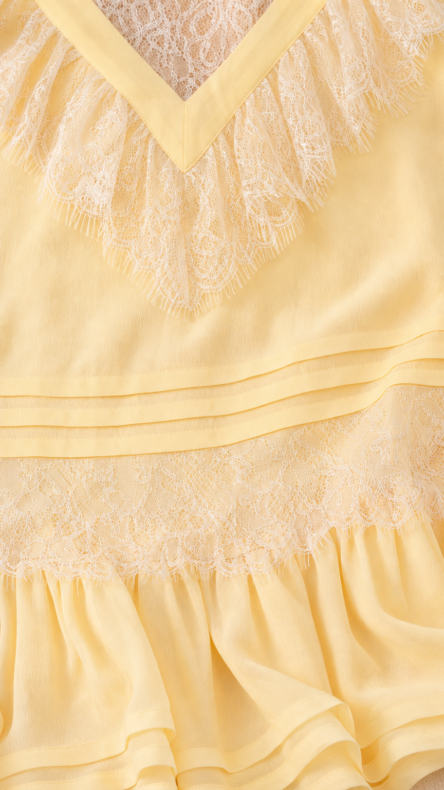Close-up detail of V-neck ruffles and lace on yellow dress