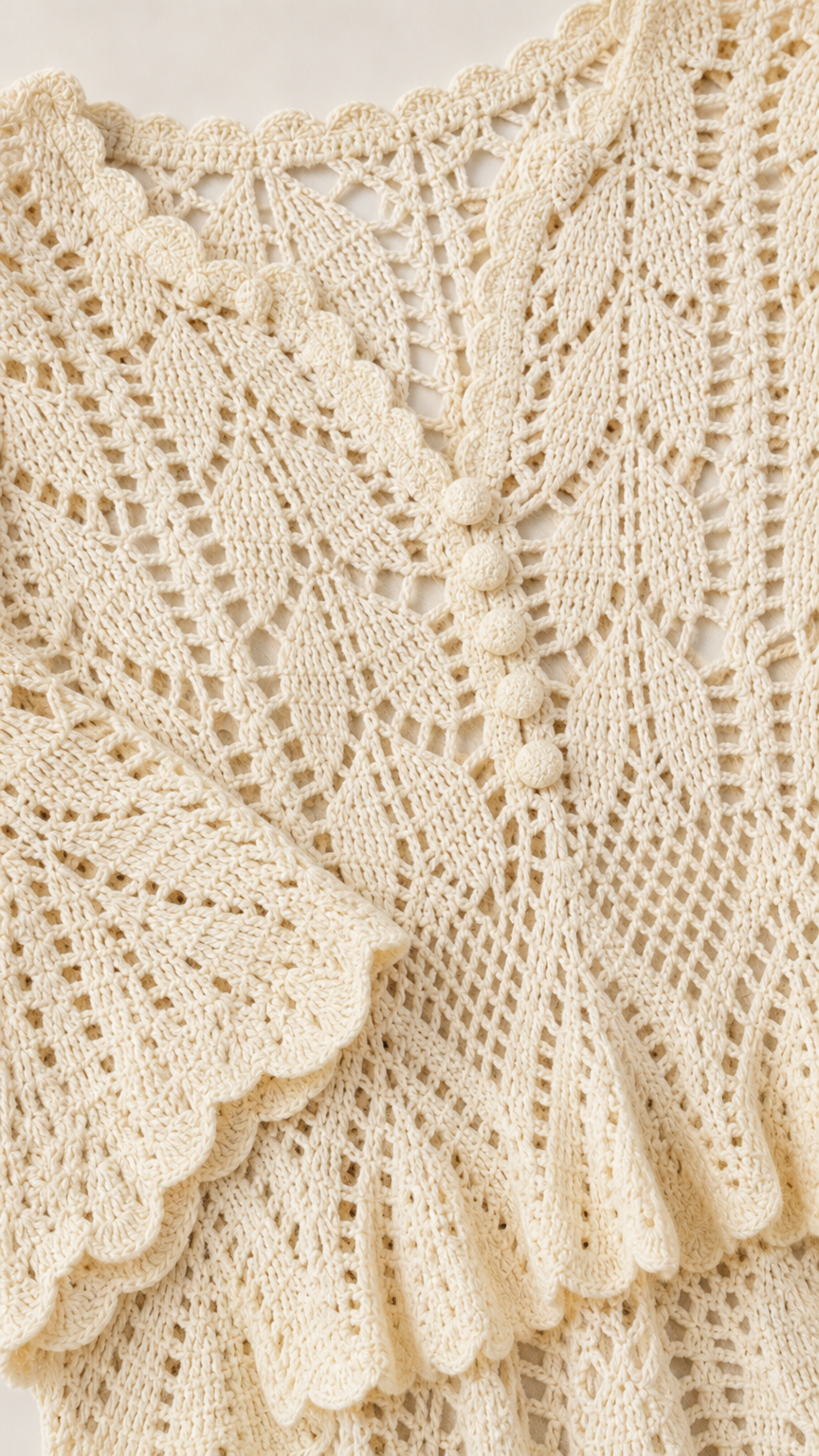 Close-up detail of Ivory crochet pattern and buttons