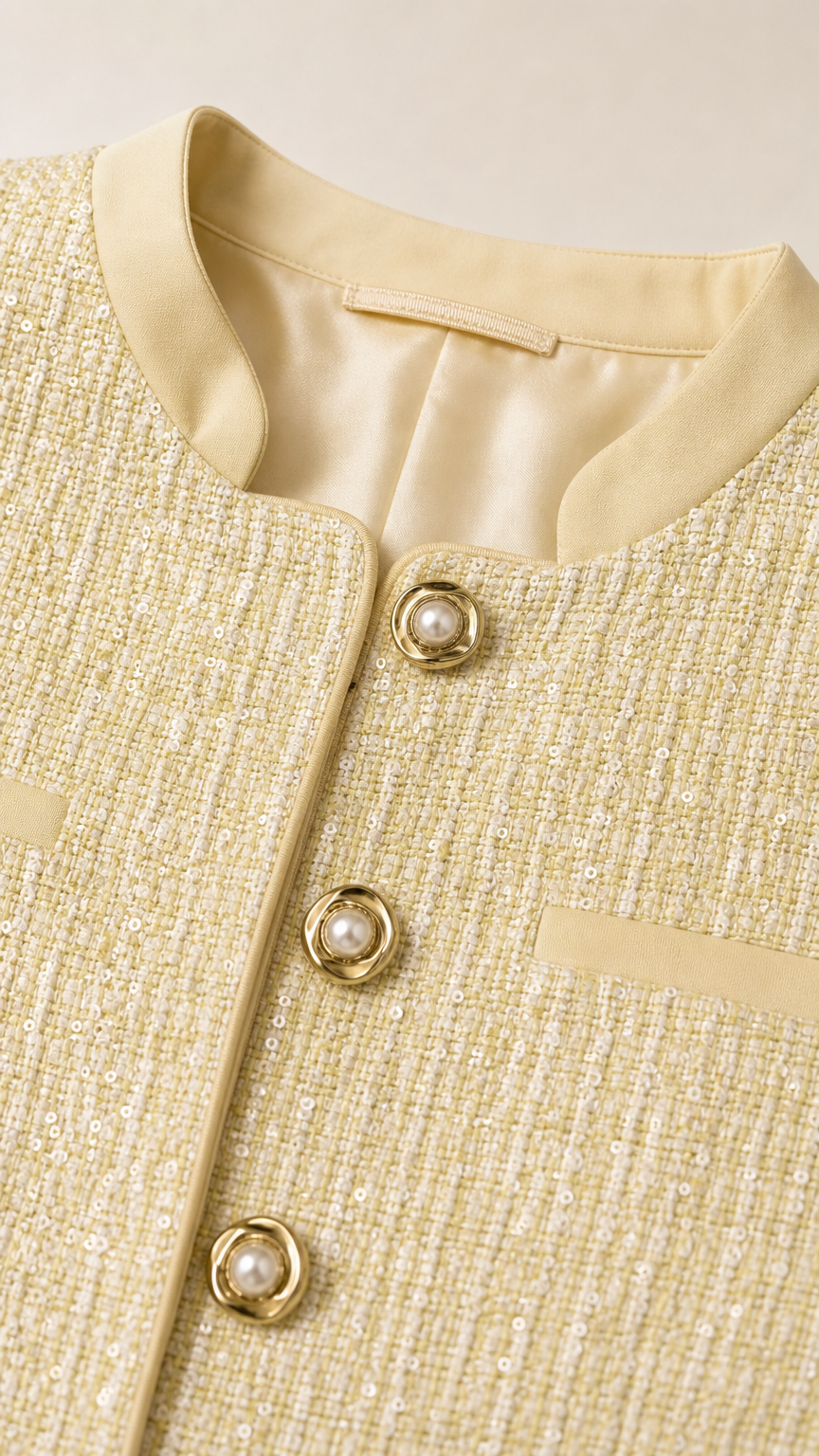 Close-up detail of light yellow woven tweed texture, lining, and pearl buttons
