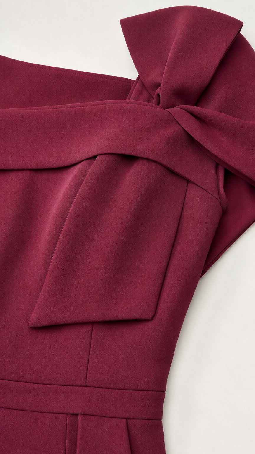 Close-up detail of shoulder bow and neckline