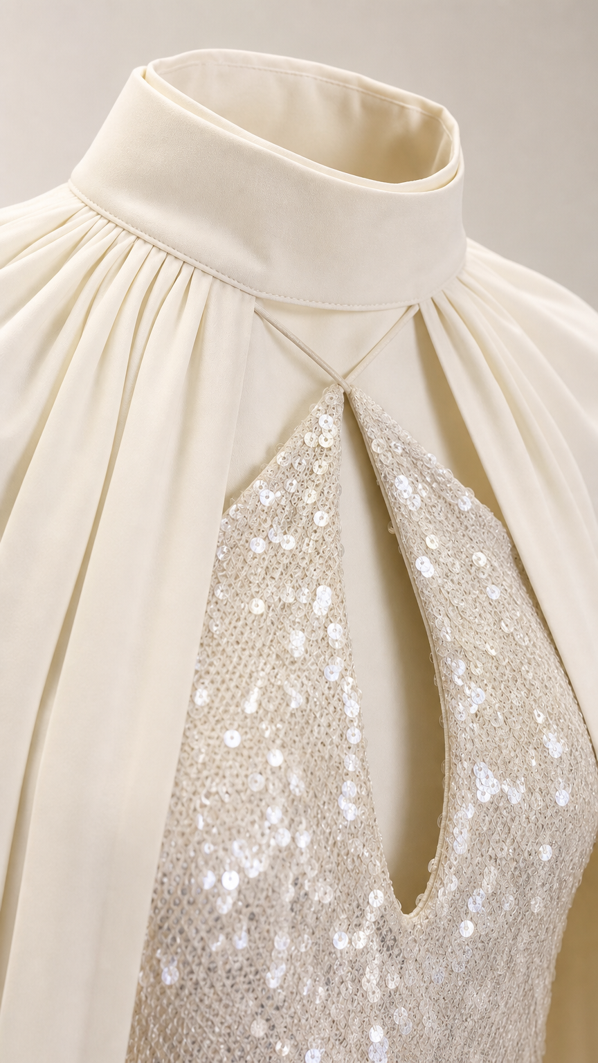 Close-up of mock neck, keyhole cutout, and sequin texture