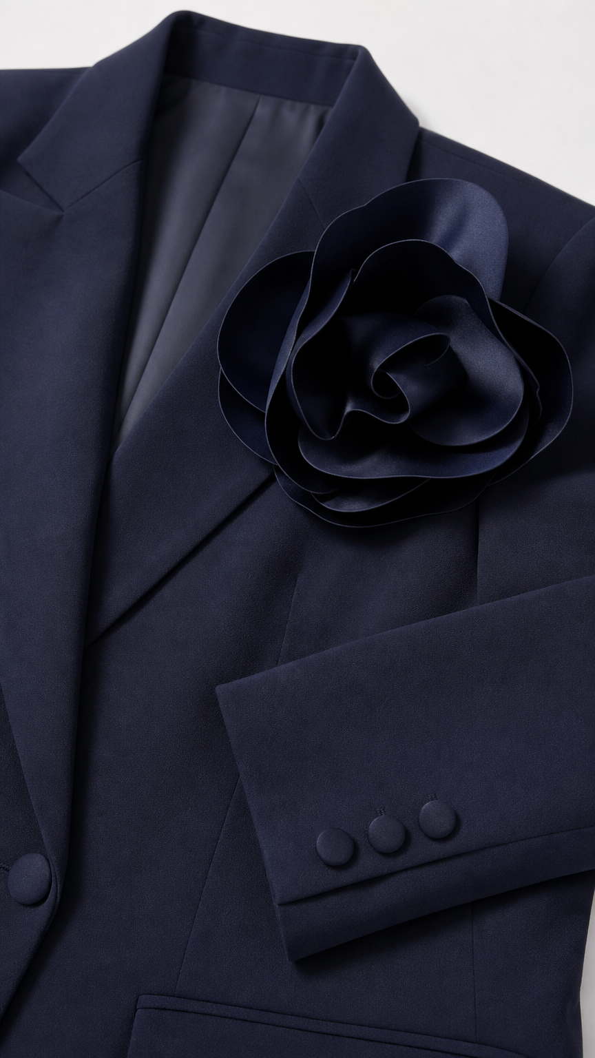Close-up of the navy blazer lapel, sculptural flower detail, buttons, and sleeve