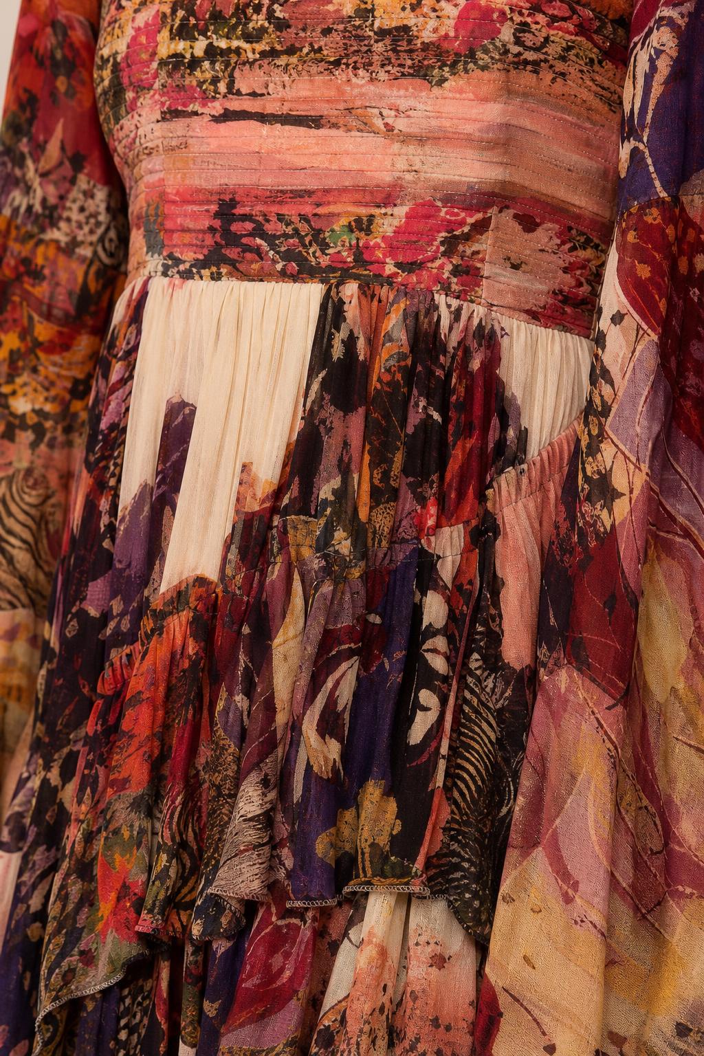 Close up of bodice and cascading ruffle details in Multi Pink