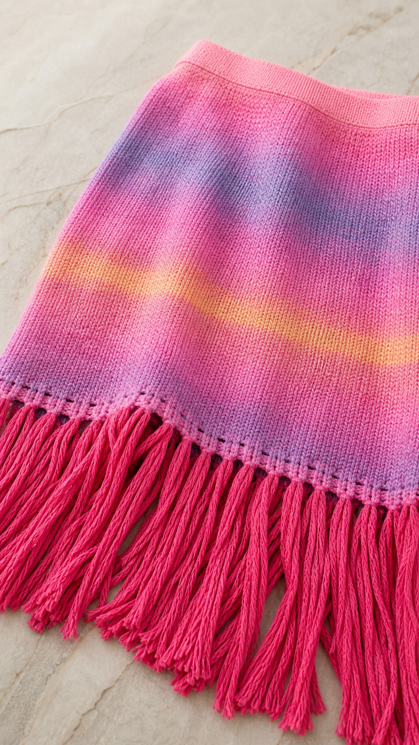Close-up detail of the pink ombre striped knit fabric and fringe hem
