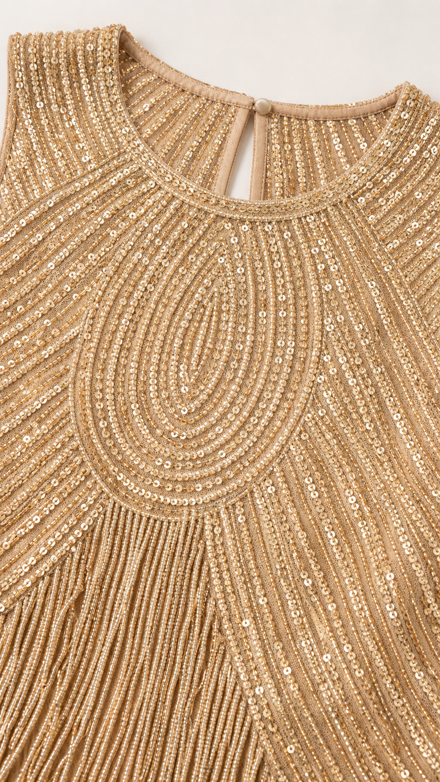 Close-up detail of Champagne Gold concentric sequin neckline and beaded fringe