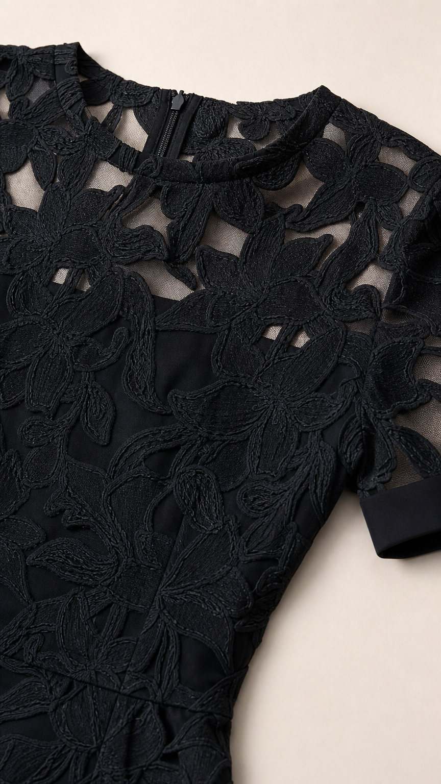 Close-up detail of sheer neckline and floral lace embroidery