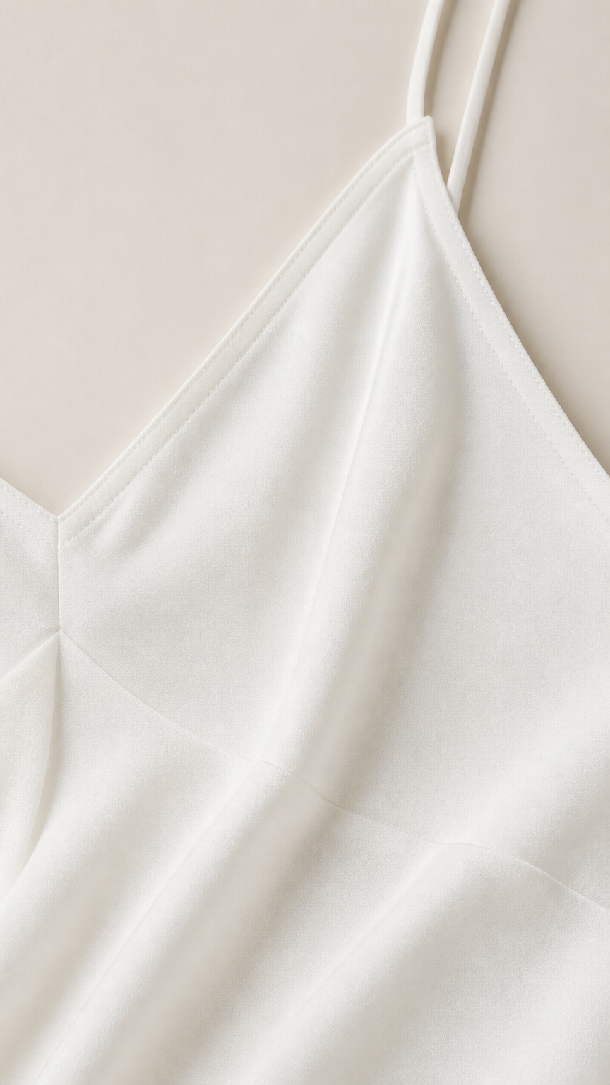 Close-up detail of smooth white fabric and spaghetti strap