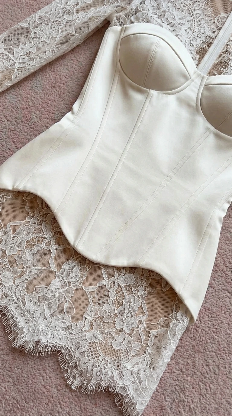 Close-up flat lay detail of white corset bodice and lace hem