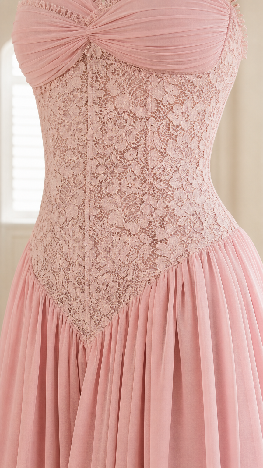 Close-up detail of lace bodice and ruched bust on pink evening gown