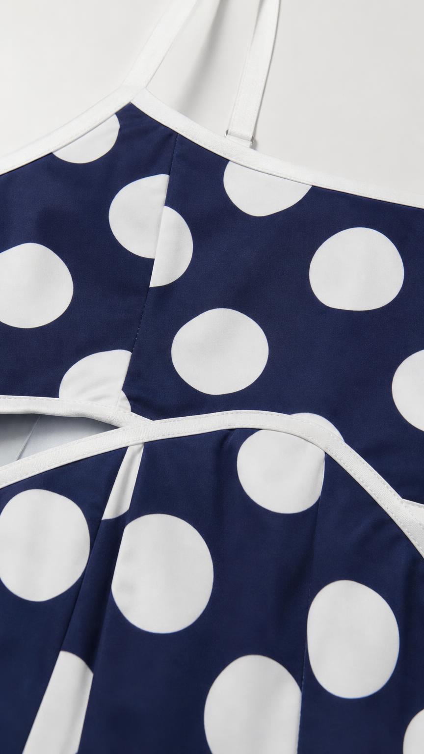 Close up of neckline and strap detail of polka dot dress