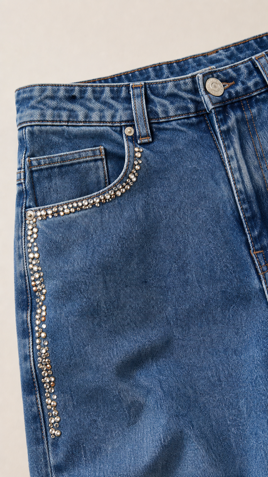 Close-up detail of rhinestone trim along pocket and belt loops on blue denim fabric