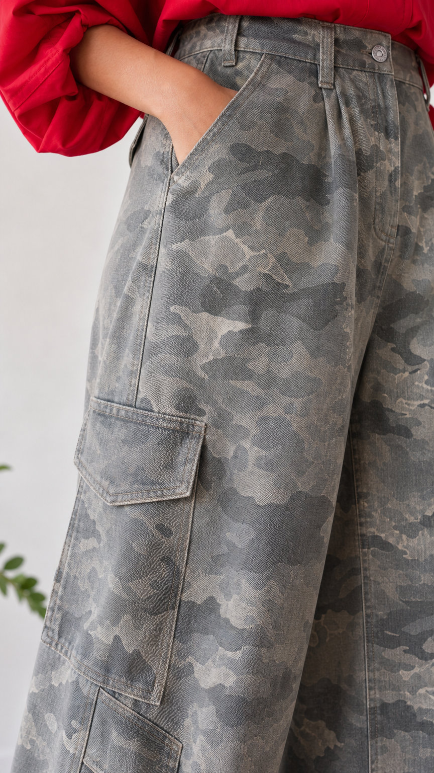 Close-up detail of pleated high waist and side cargo flap pocket on grey camo pants