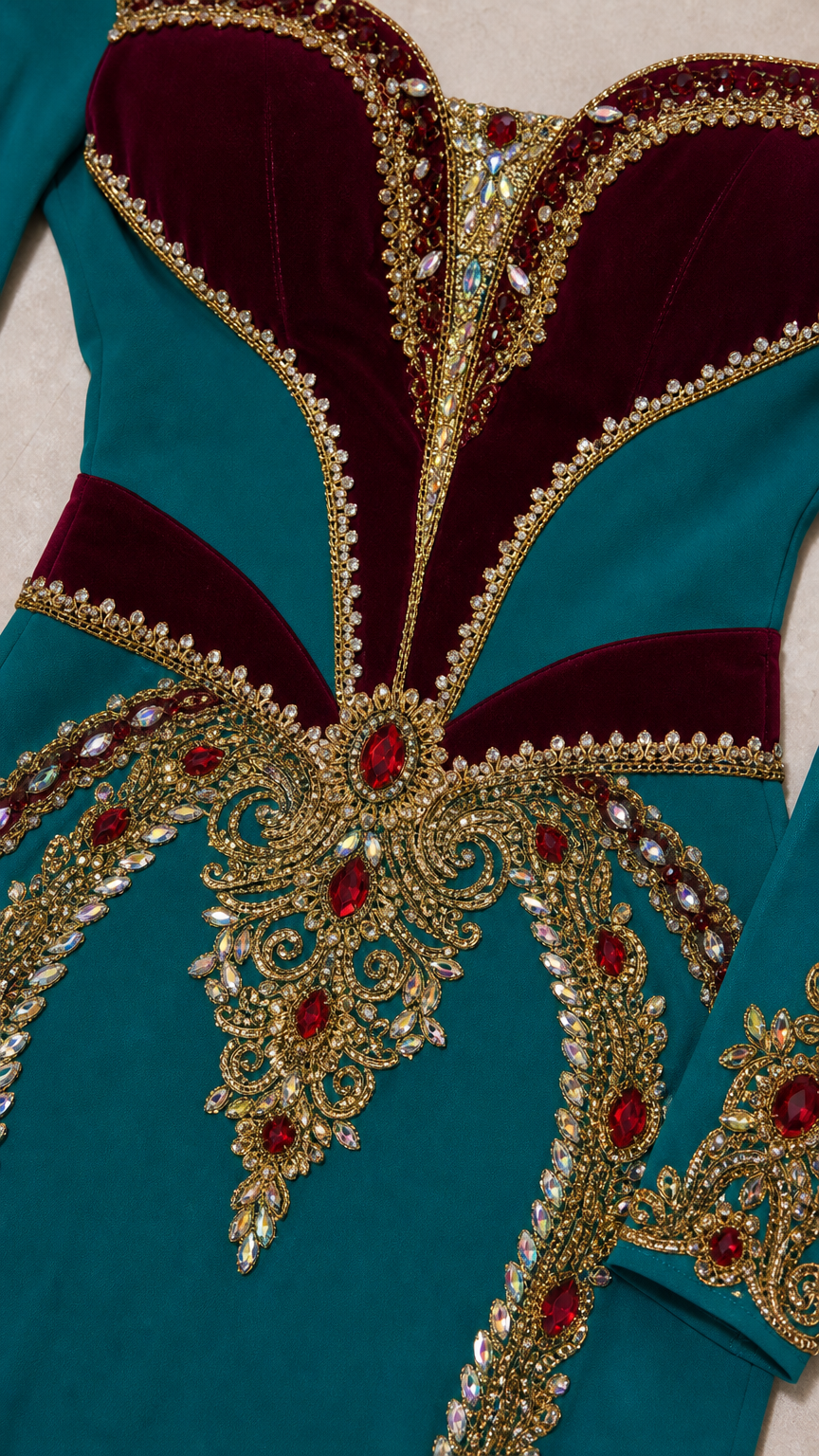Close-up detail of ornate gold and red jewel embroidery on velvet bodice