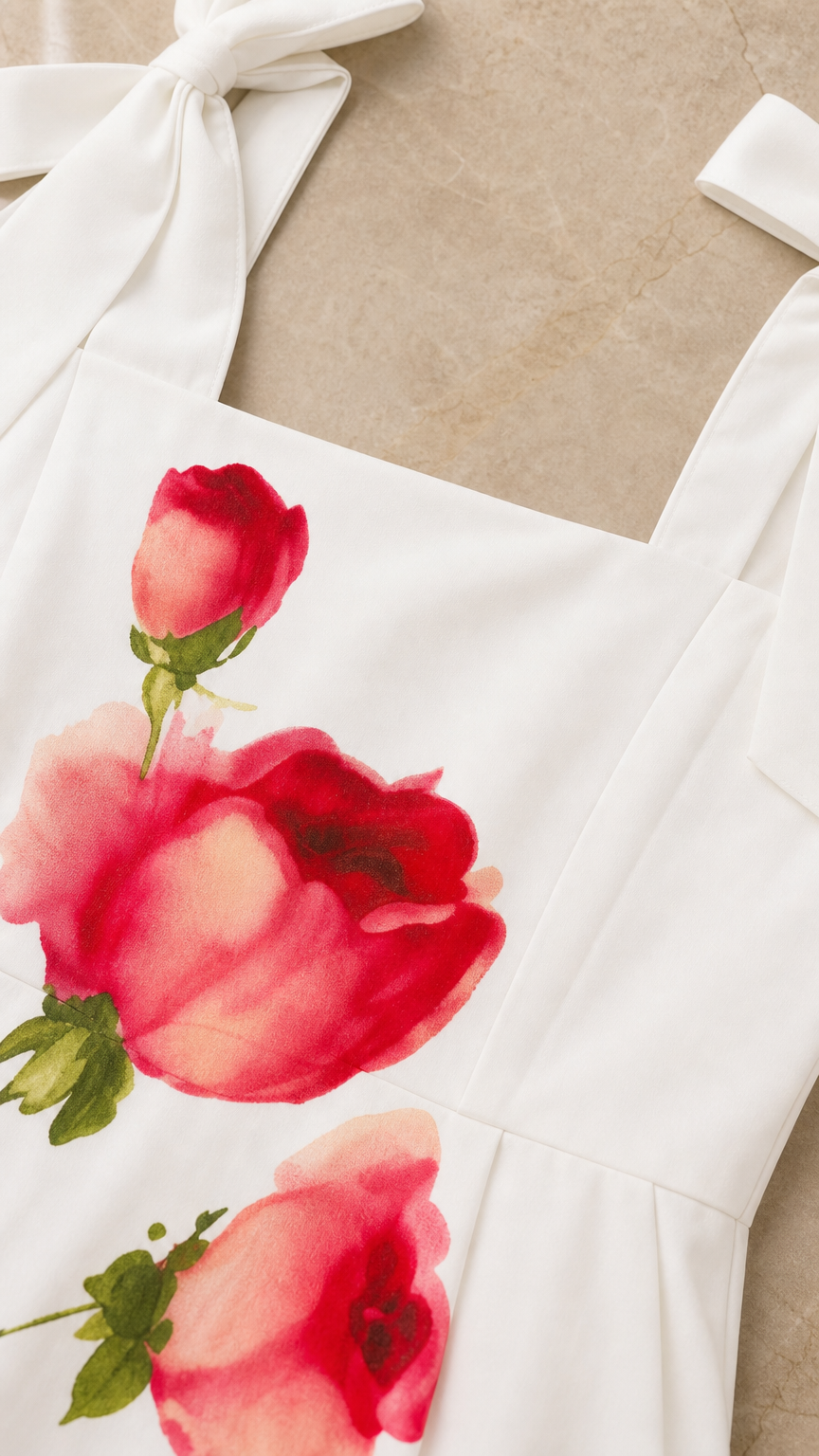 Close up of square neckline and red rose print on white fabric