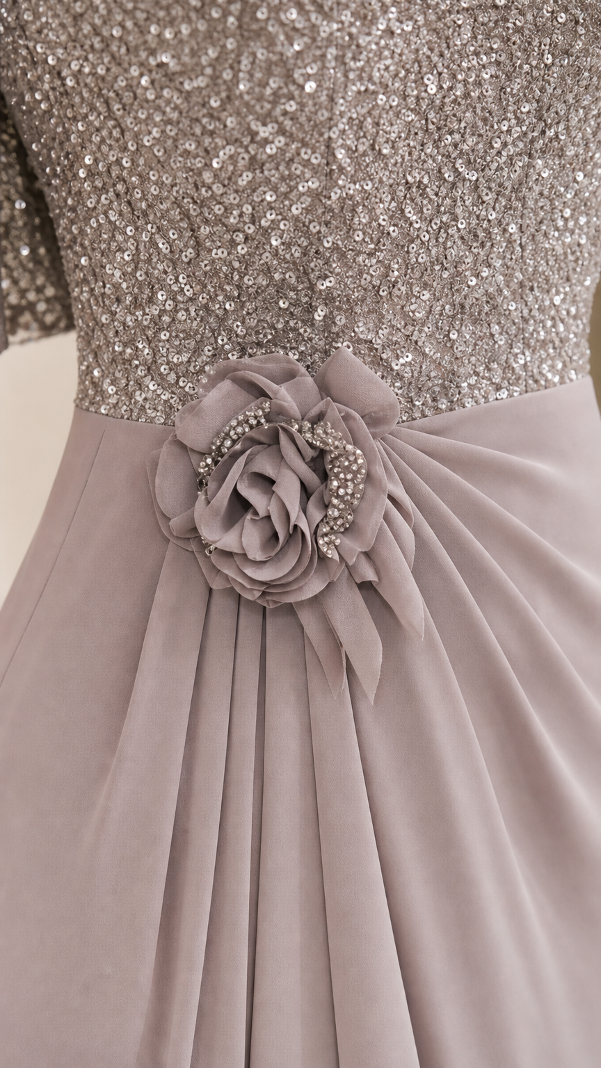 Close-up of sequin bodice and floral waist detail