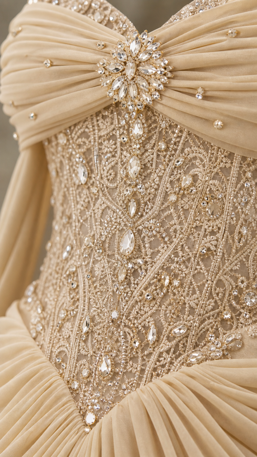 Close-up detail of champagne embellished beaded corset bodice with crystal accent