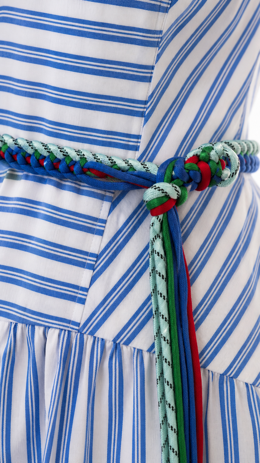 Close-up detail of fabric stripes and braided rope belt
