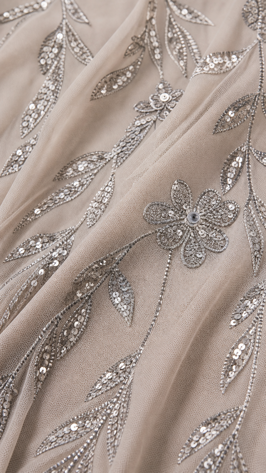 Close-up fabric detail showing intricate sequin vine and flower embroidery on mesh