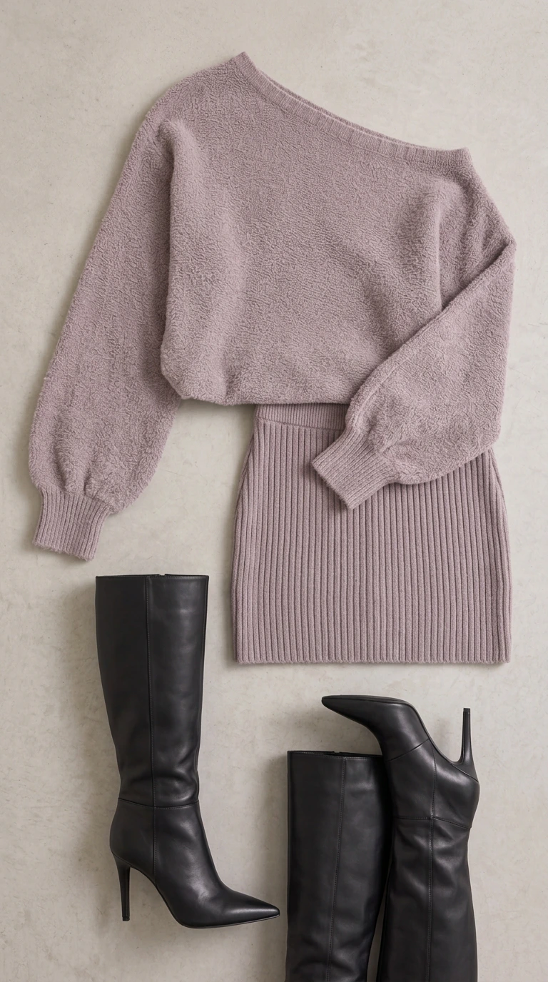 Flat lay of mauve one-shoulder knit sweater dress with black heeled boots