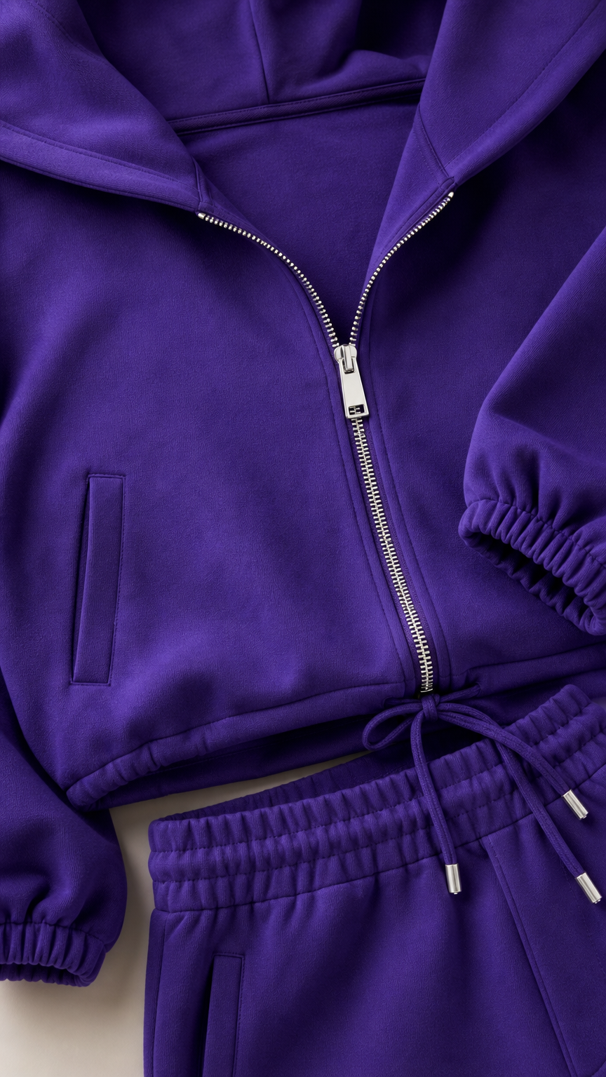 Close-up detail of purple zip-up hoodie zipper, pocket, and drawstring sweatpants waistband
