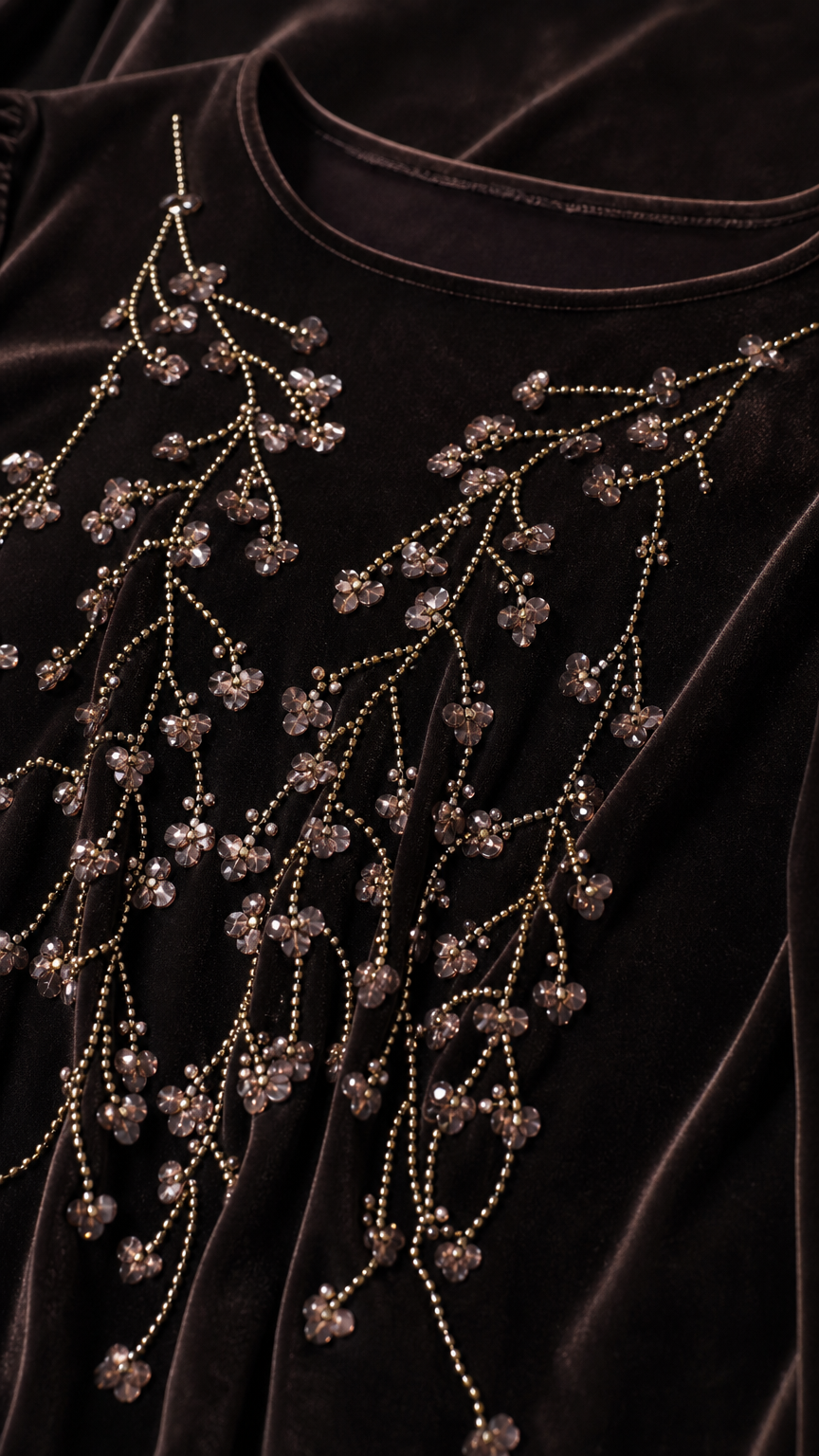 Close-up detail of the intricate floral branch beadwork on the velvet top