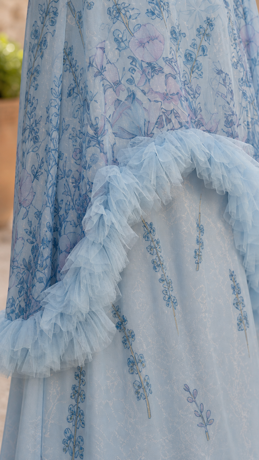 Close-up detail of sheer floral fabric and soft tulle ruffle hem in Light Blue