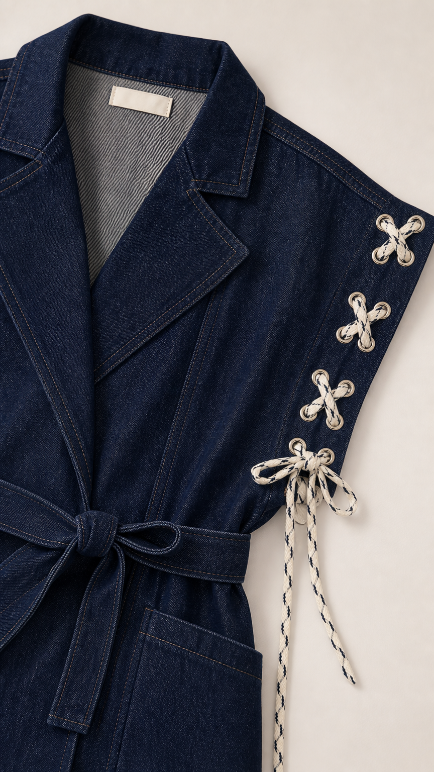 Close-up flat lay of Dark Blue denim vest showing notched lapel, fabric texture, and rope lace-up shoulder eyelets