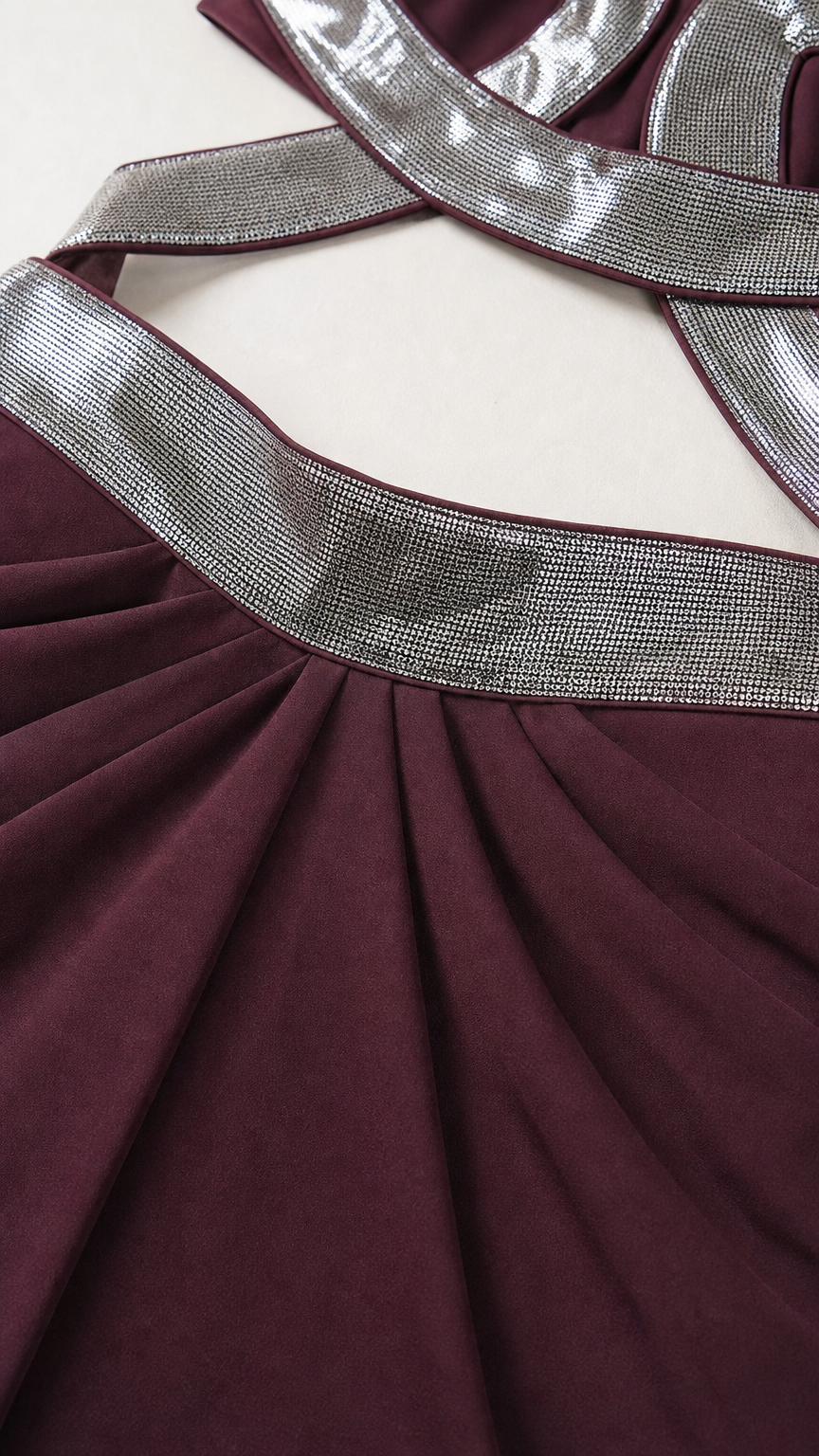 Close up of shimmering silver strap and ruched waistband detail