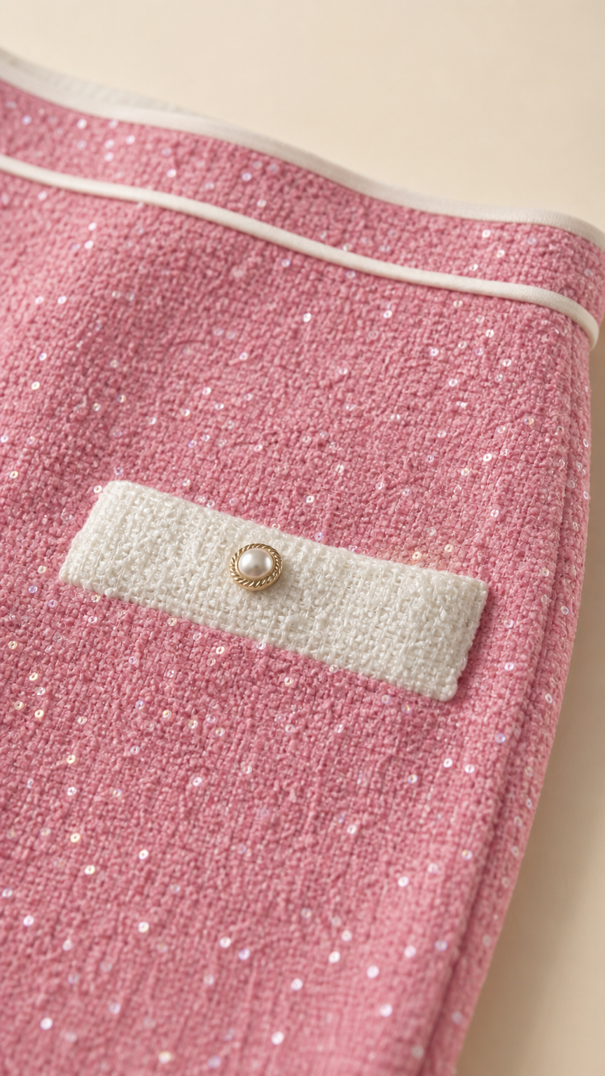 Close-up detail of pink sequin fabric and pocket accent