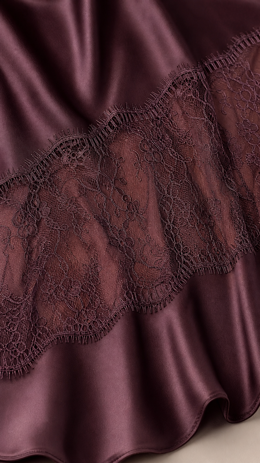 Close-up of plum satin fabric and intricate floral eyelash lace detailing