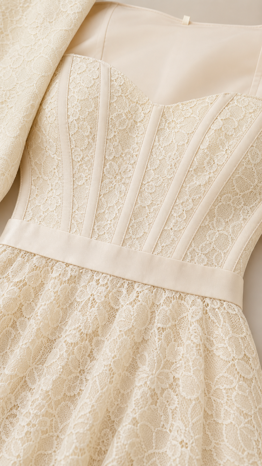 Close-up detail of sweetheart neckline and textured lace bodice