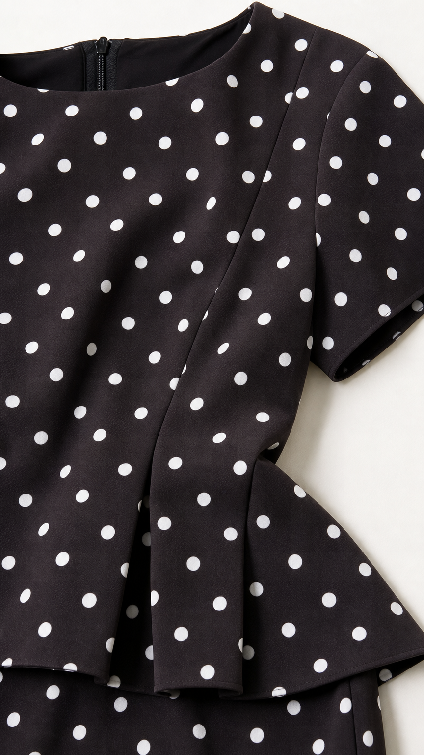 Close up detail of black polka dot fabric and peplum hem