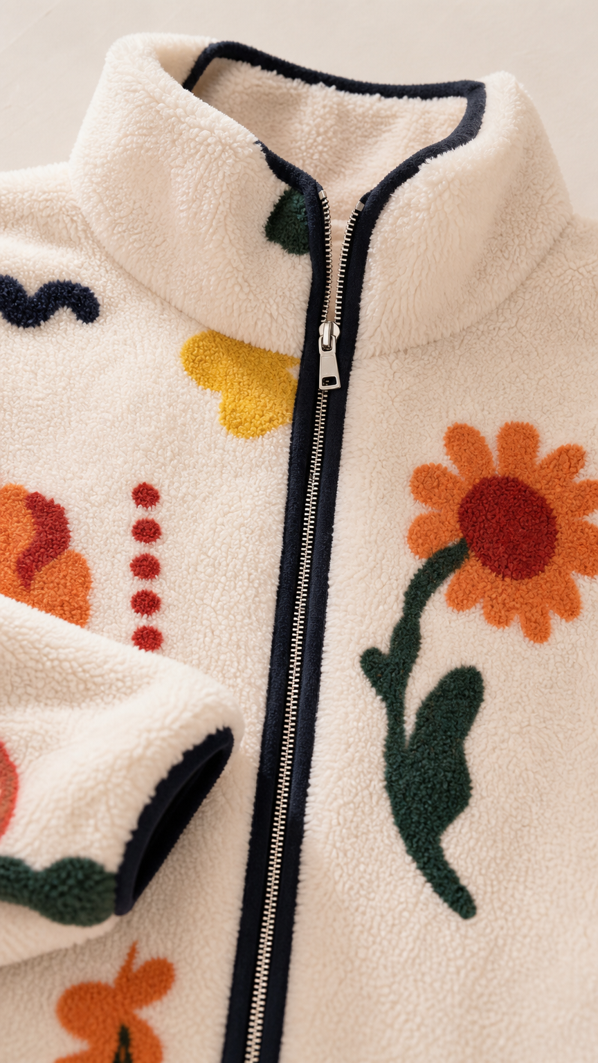 Close-up of the plush cream fleece texture, zipper, collar, and colorful floral print