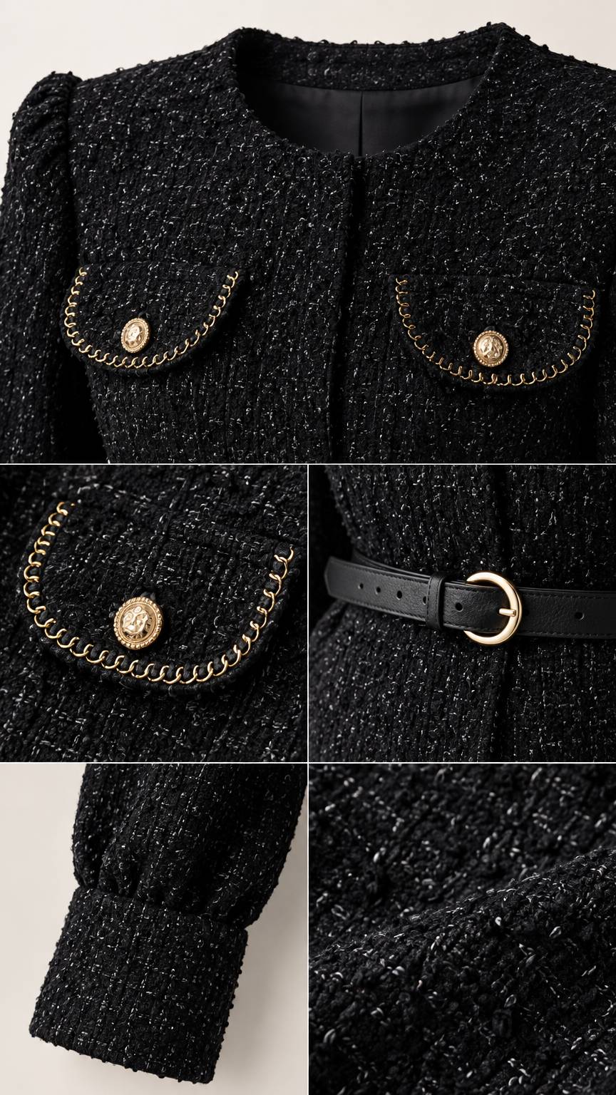 Close-up details of black tweed fabric, chain trim pockets, gold buttons, and slim belt