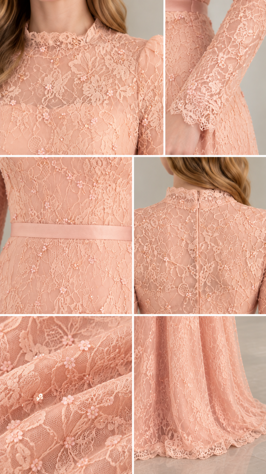 Close-up details of blush pink floral lace, neckline, sleeve cuffs, and waistband