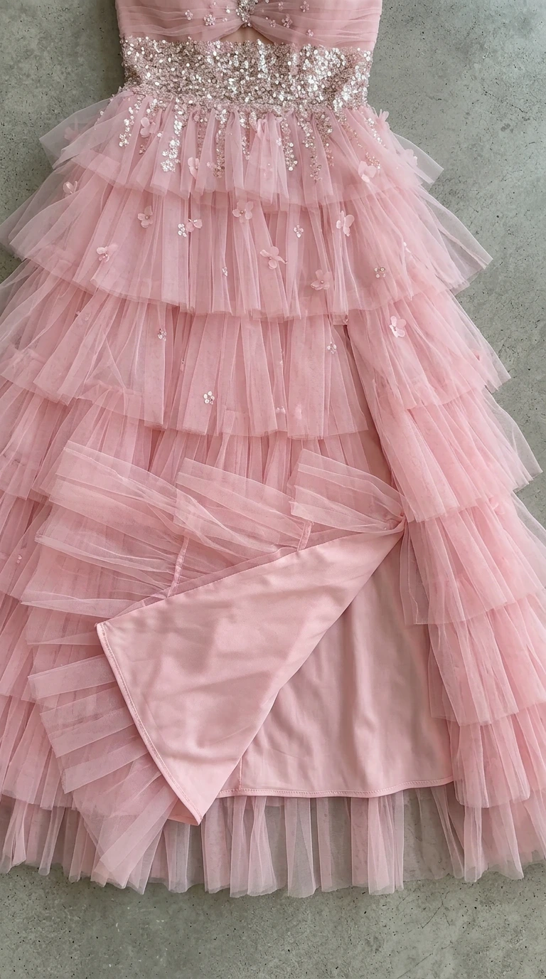 Close-up detail of pink tiered tulle skirt, lining, and sequin-embellished waistband