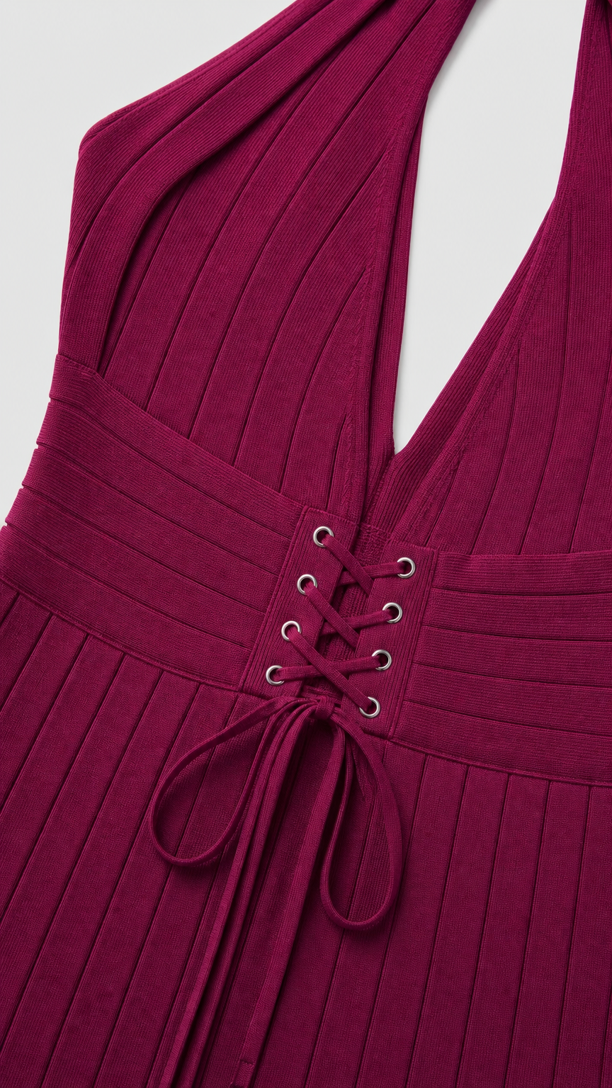 Close-up detail of bodice and lace-up back