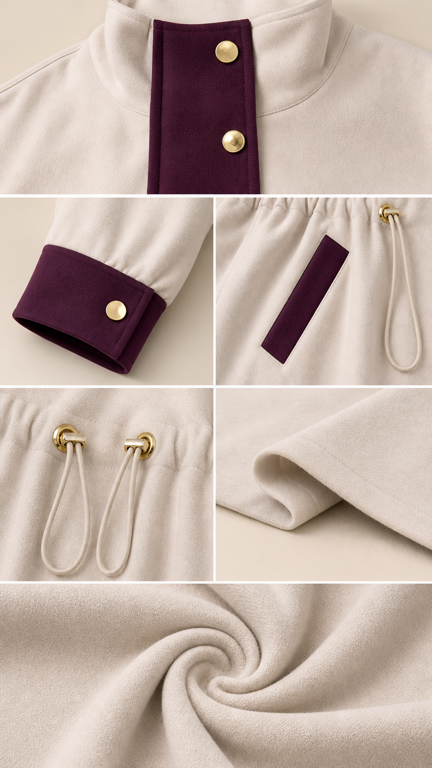 Detailed close-ups of snap collar, contrast cuffs, pocket trim, drawstring waist, and soft fabric texture