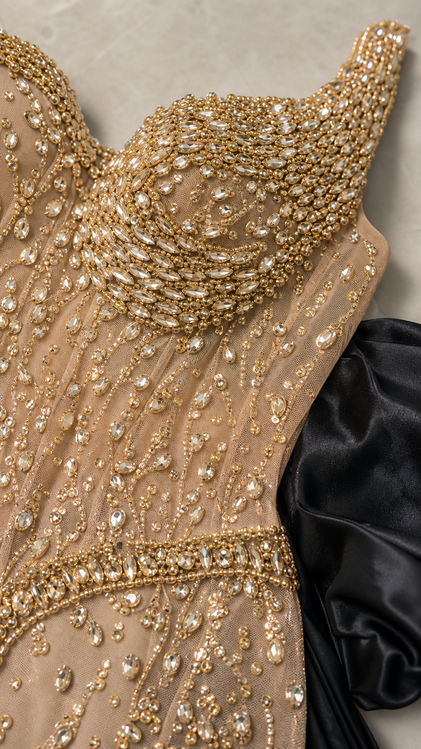 Close-up of intricate gold and crystal beadwork on bodice with black satin trim