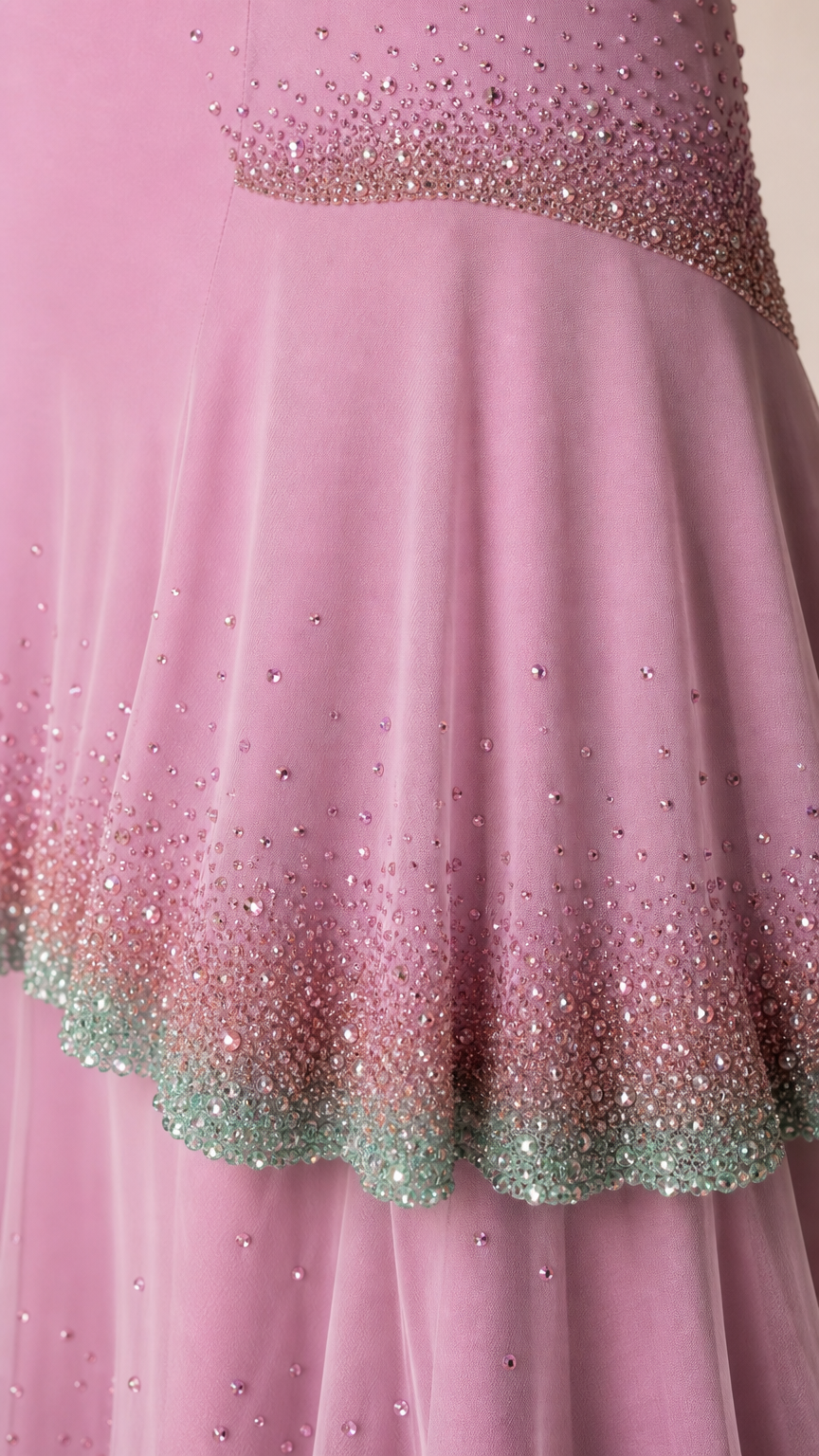 Close-up detail of gradient sequin and bead embellishments on dress tier