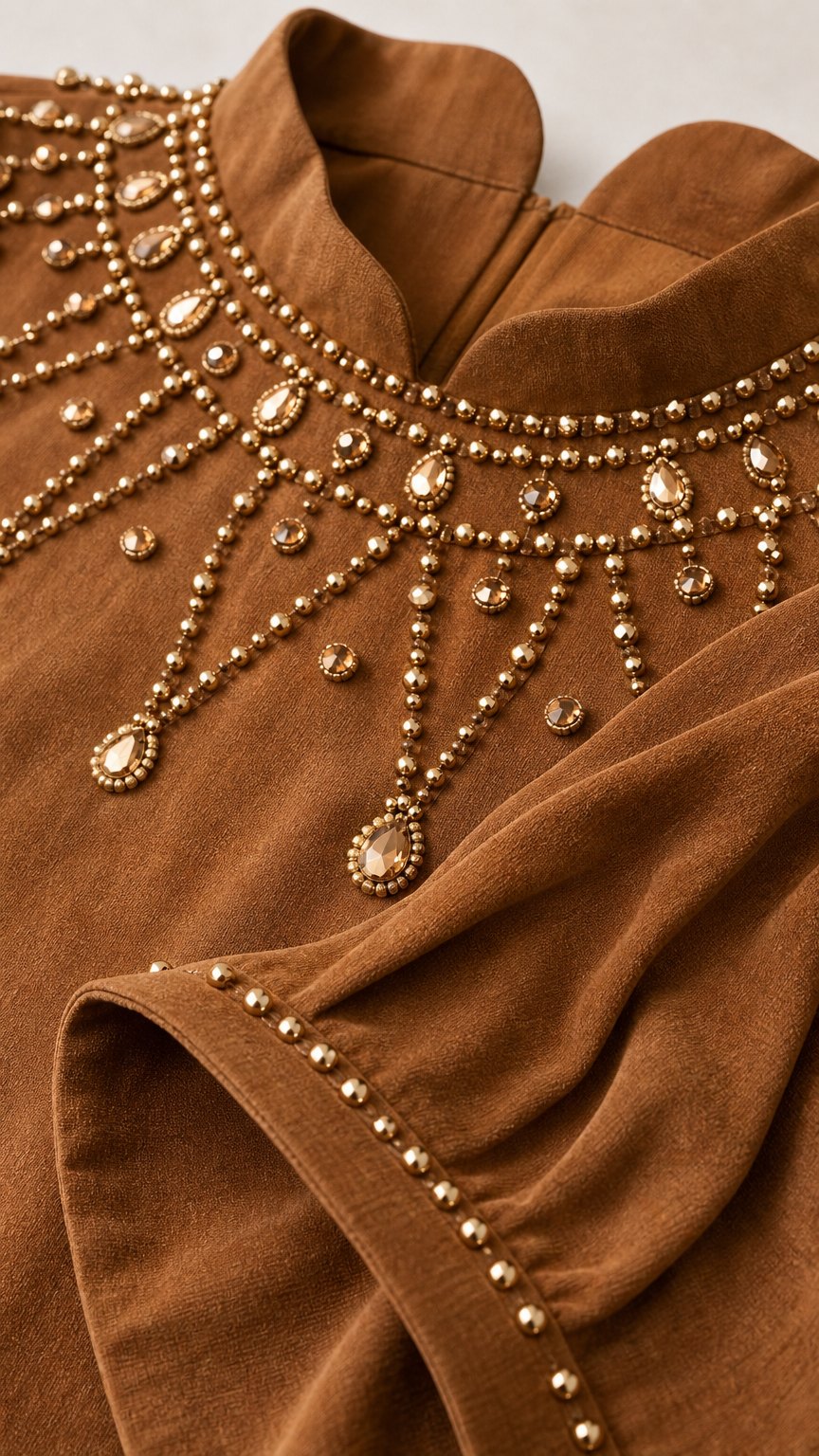 Close-up detail of ornate gold-tone beaded neckline and split sleeve cuff
