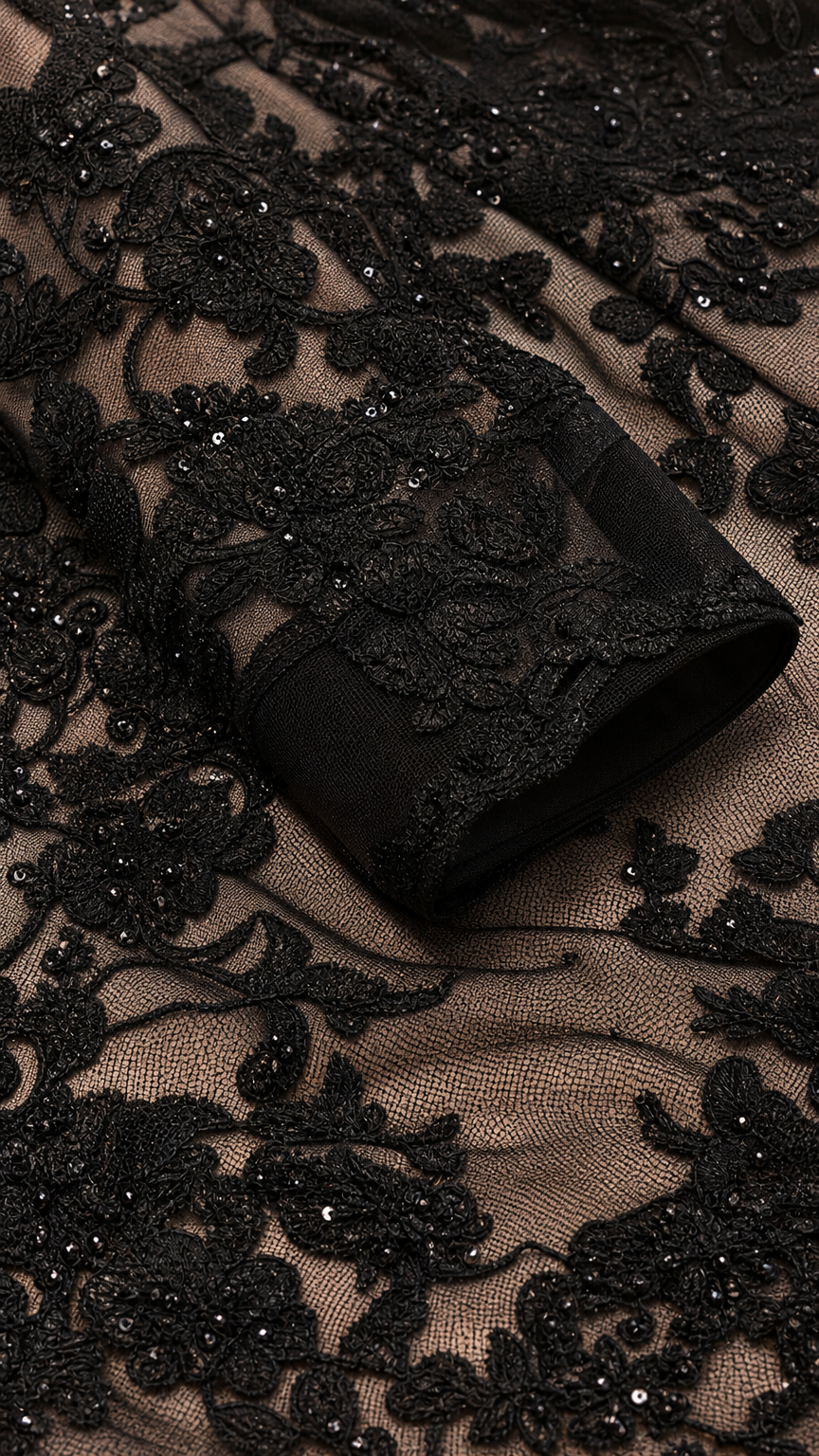 Close-up detail of floral lace and sequin embroidery on sleeve