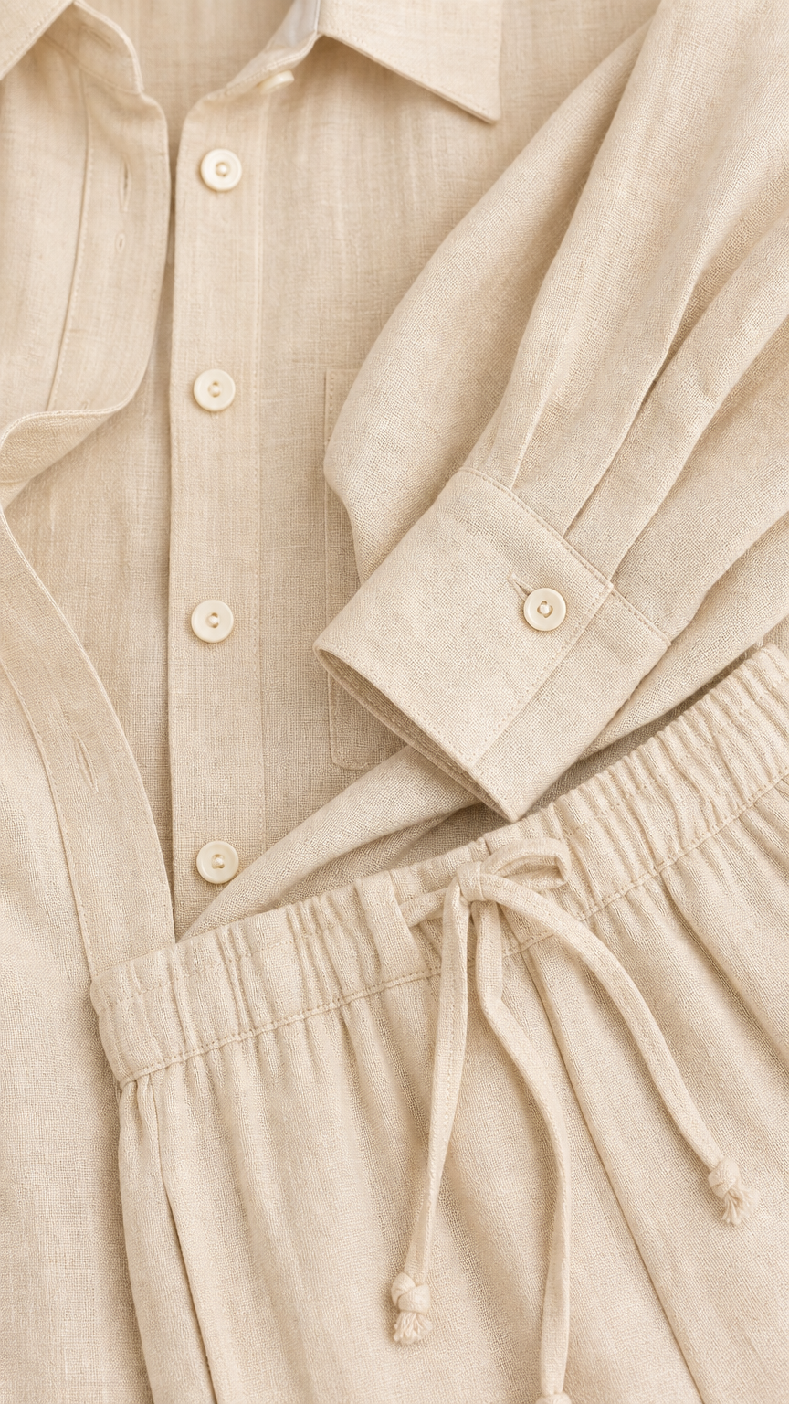 Close-up detail of beige button-down shirt cuff and drawstring pant waistband