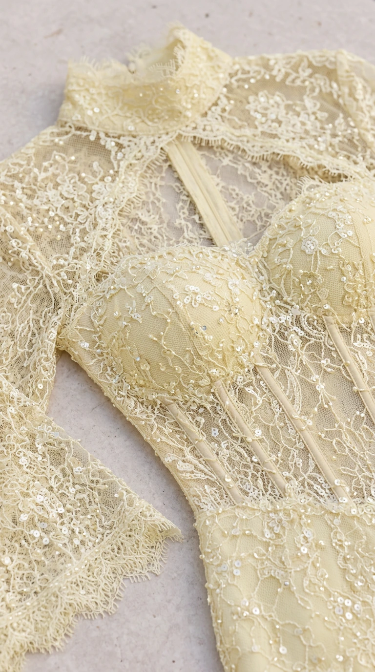 Close-up detail of light yellow corset bodice with delicate lace and sequin embroidery