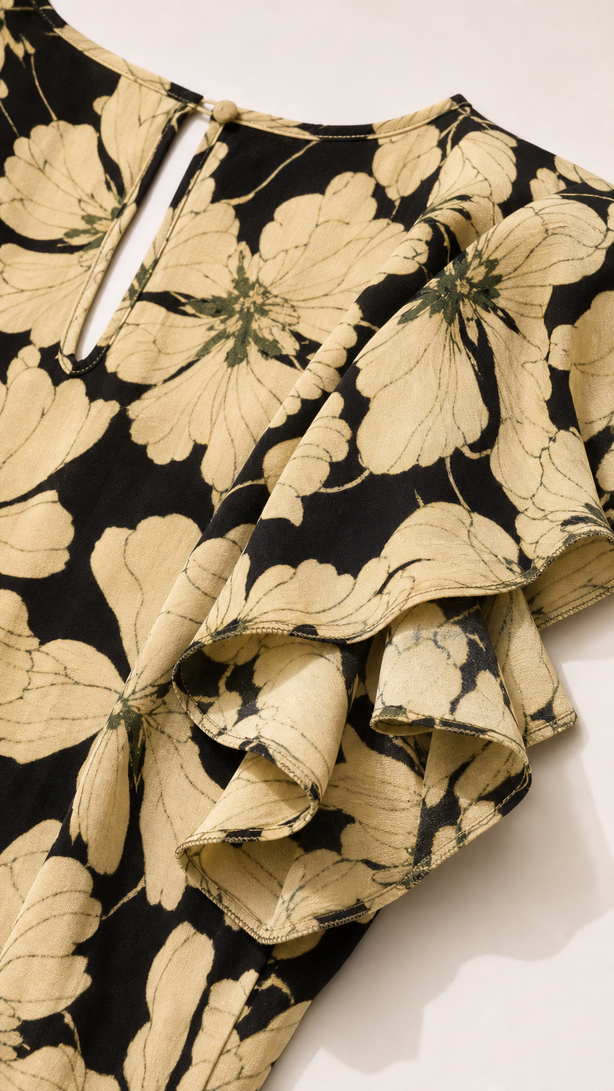 Close-up detail of black floral fabric, tiered ruffle sleeve, and keyhole button closure