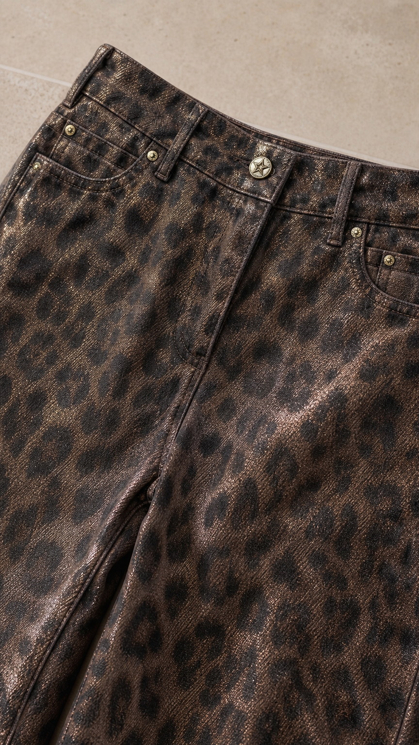 Close-up detail of Bronze Brown leopard print waistband, metal button, and pocket rivets