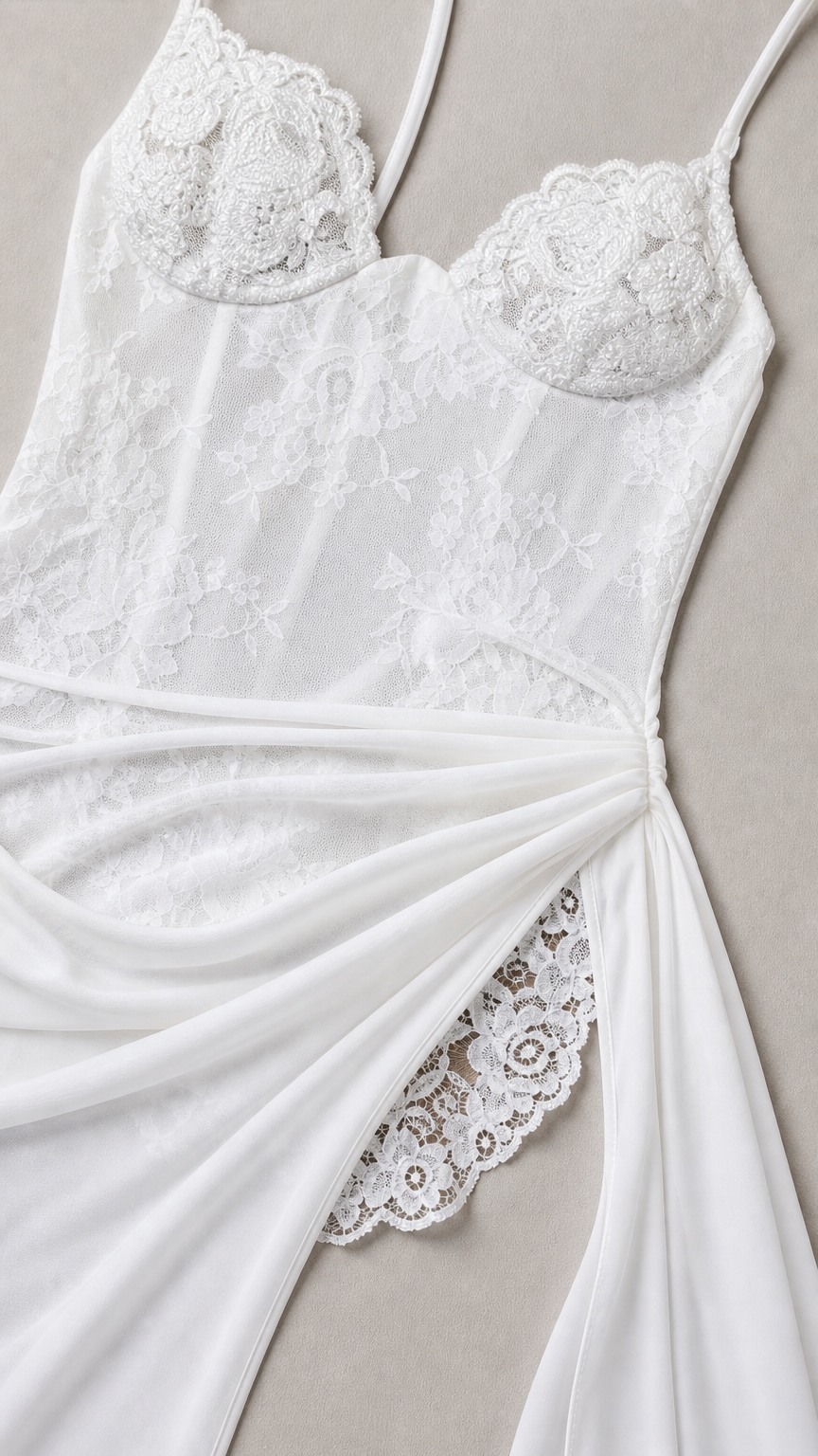 Close-up detail of white lace corset bodice and draped thigh slit accent