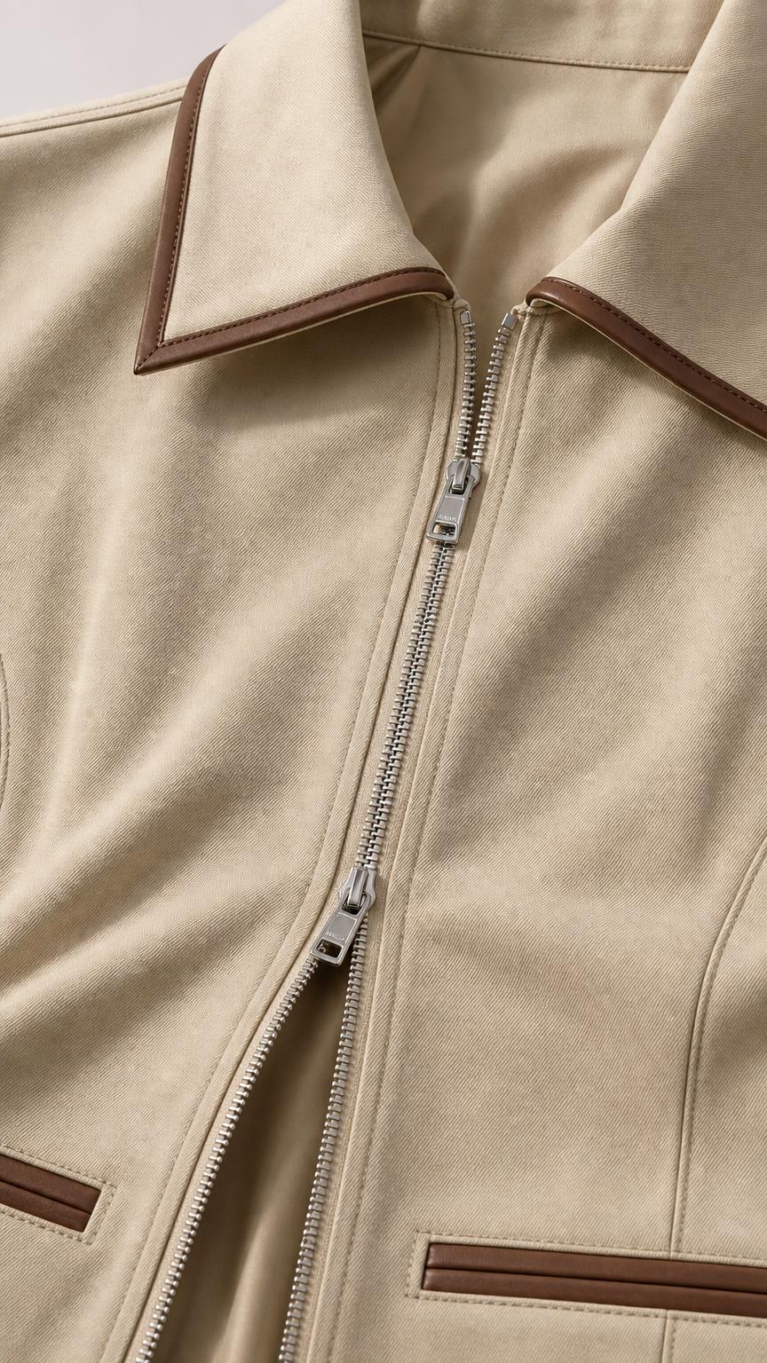 Close-up detail of zipper, collar, and contrast piping on khaki jacket